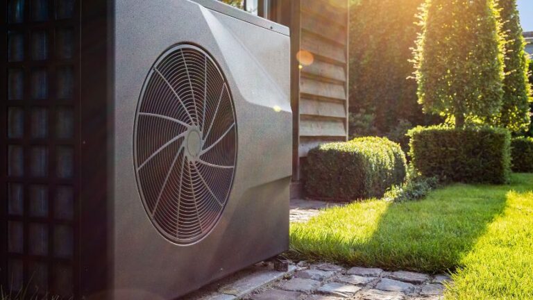 A heat pump installed in the back garden of a UK home