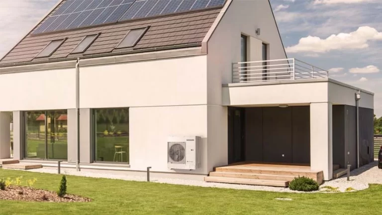 New home with solar panels and heat pump